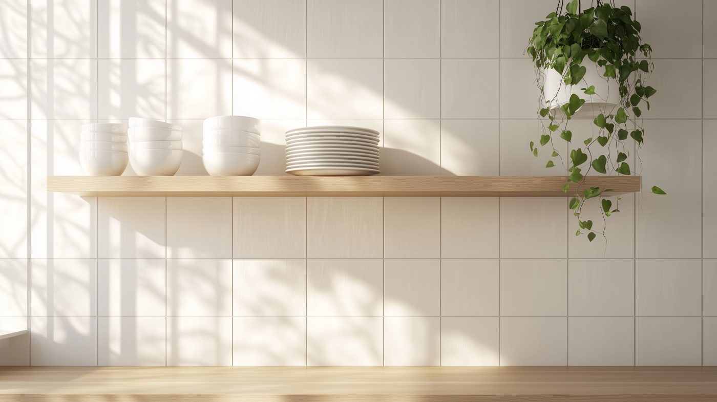 Furnierregal in der Küche mit Geschirr und minimaler Deko