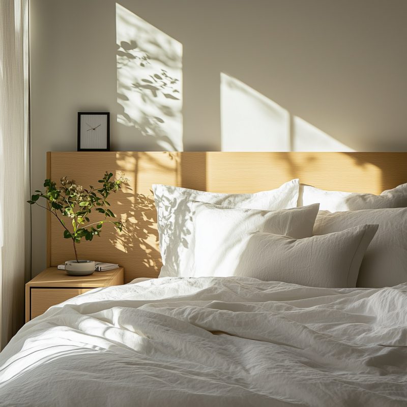 Bettrückwand aus Furnier mit matter Oberfläche im ruhigen Schlafzimmer