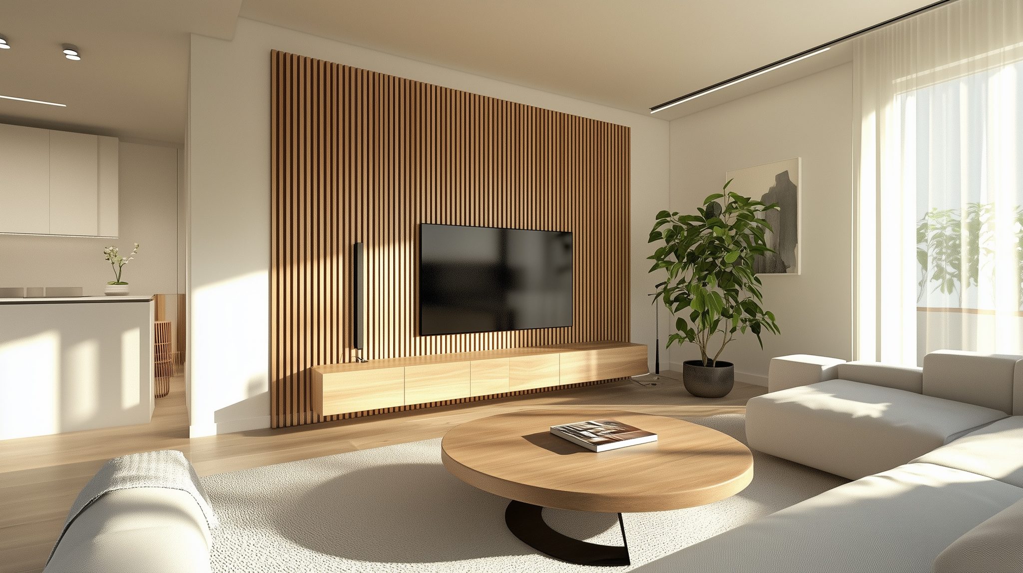 Sideboard mit vertikalen Furnierstreifen vor weißer Wand
