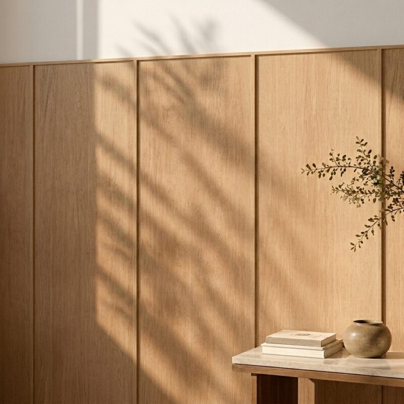 Eine Furnierwand im Schlafzimmer zeigt hohe Holzpaneele mit schmalen Holzleisten über den vertikalen Fugen.