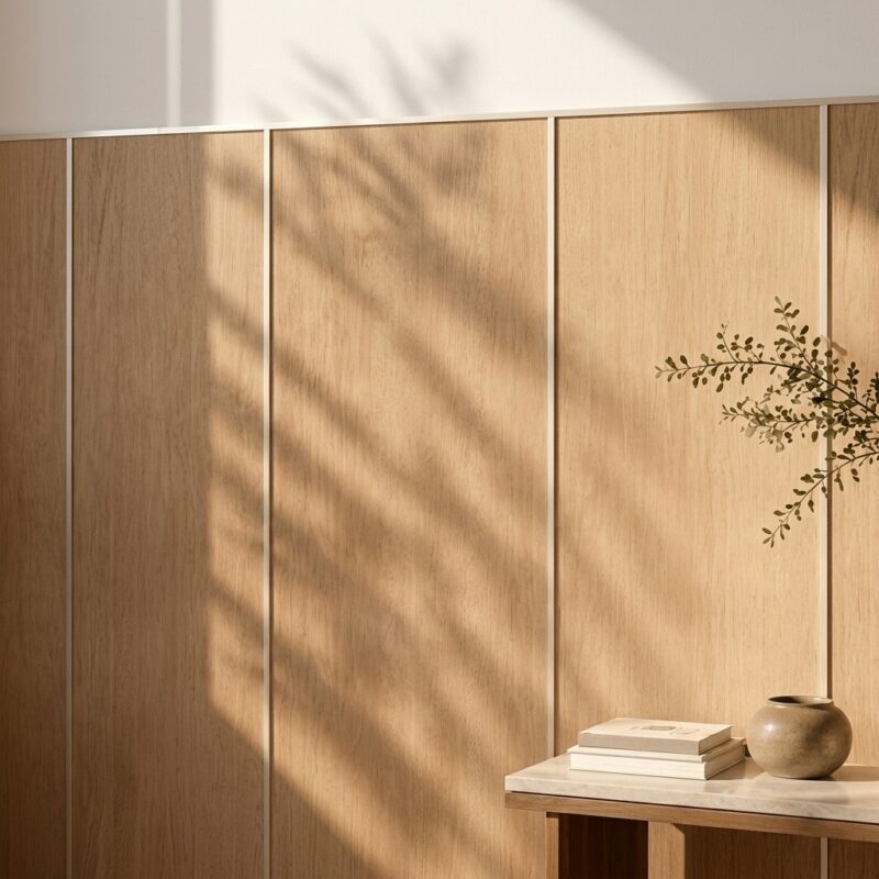Eine Furnierwand im Schlafzimmer zeigt hohe Holzpaneele mit schmalen Metalleisten über den vertikalen Fugen.