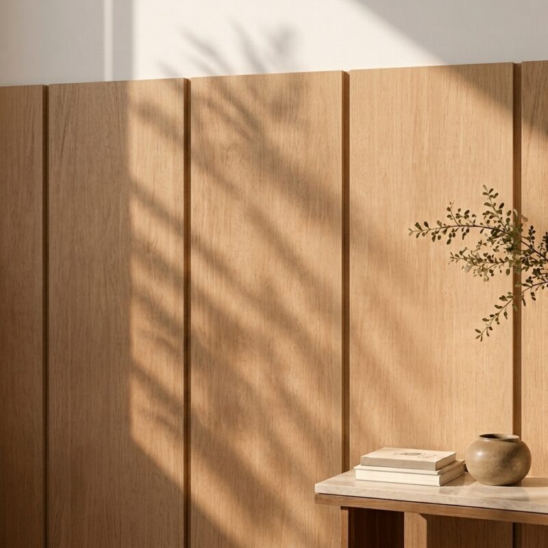 Eine Furnierwand im Schlafzimmer besteht aus hohen Holzpaneelen mit schmalen Schattenfugen und warmem Lichteinfall.