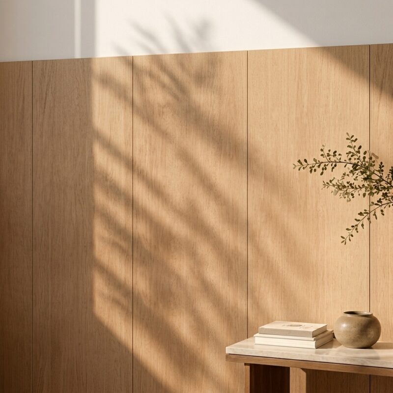 Eine Furnierwand im Schlafzimmer besteht aus hohen Holzpaneelen, die ohne sichtbare Fugen Stoß an Stoß angeordnet sind.