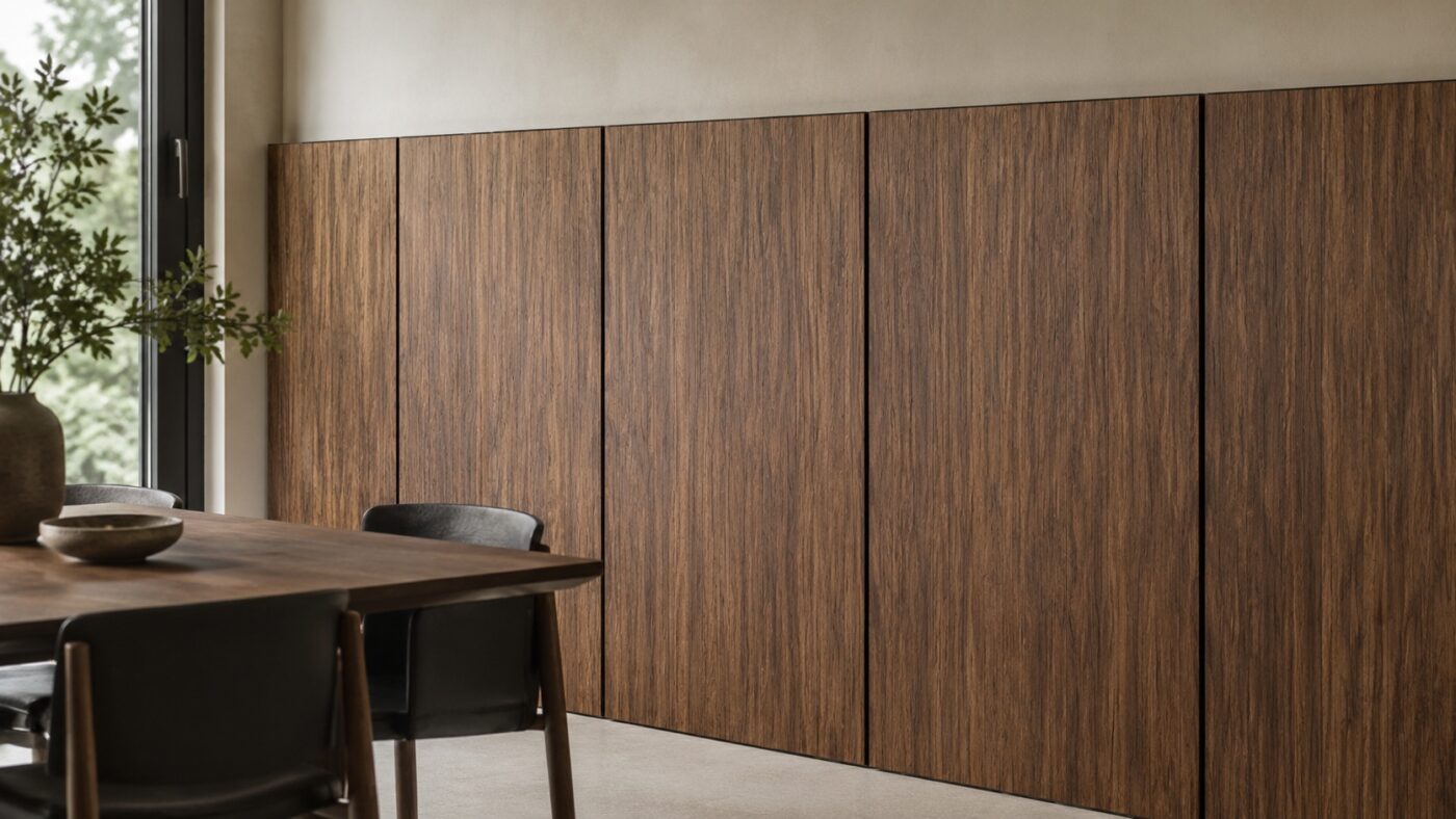Ein moderner Essbereich zeigt eine furnierte Wand mit gleichmäßigen dunklen Schattenfugen.