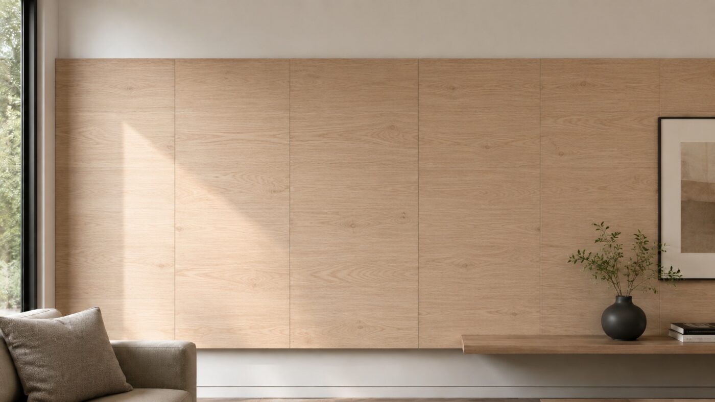 Eine helle Eichenfurnierwand mit auf Stoß montierten Platten prägt ein modernes, warmes Wohnzimmer.