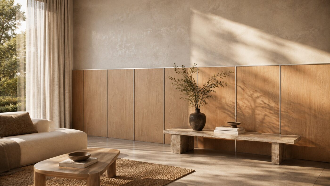 Halbhohe helle Furnierplatten mit schmalen Metallleisten verkleiden eine Wohnzimmerwand hinter einem niedrigen Sideboard.