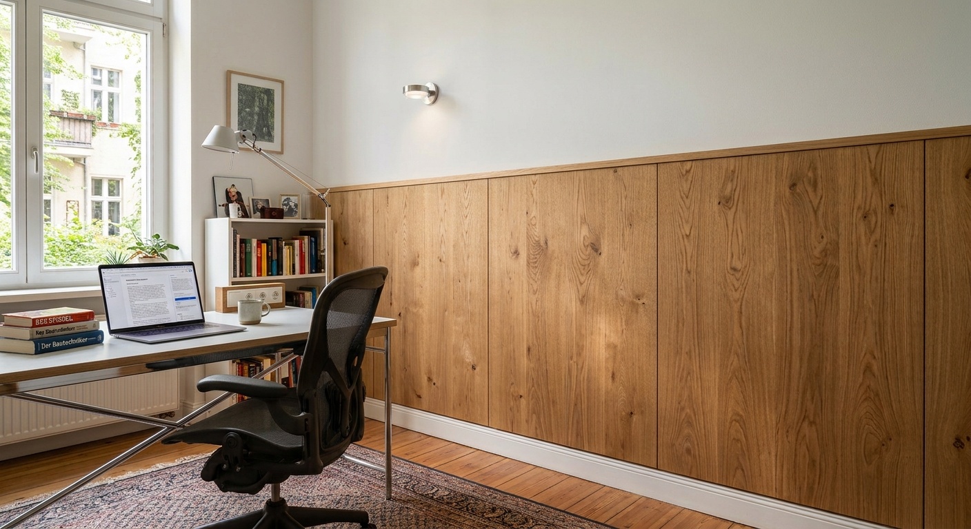 Neben einem großen Fenster liegt ein Arbeitszimmer, ausgestattet mit Schreibtisch, Bürostuhl und einer eleganten, halbhohen Furnierwand.