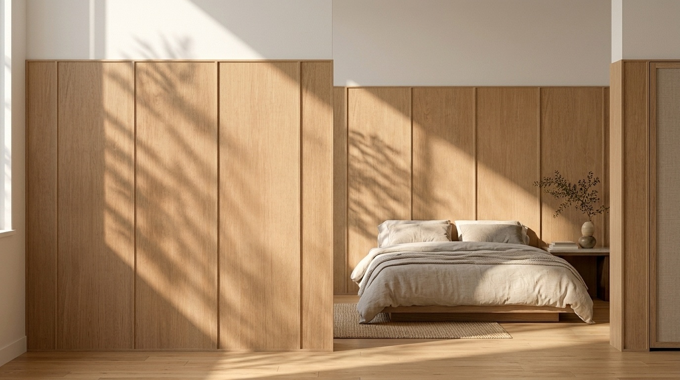 Ein Schlafzimmer zeigt ein Bett vor einer halbhohen Furnierwand mit vertikalen Eichenleisten und warmem Sonnenlicht.