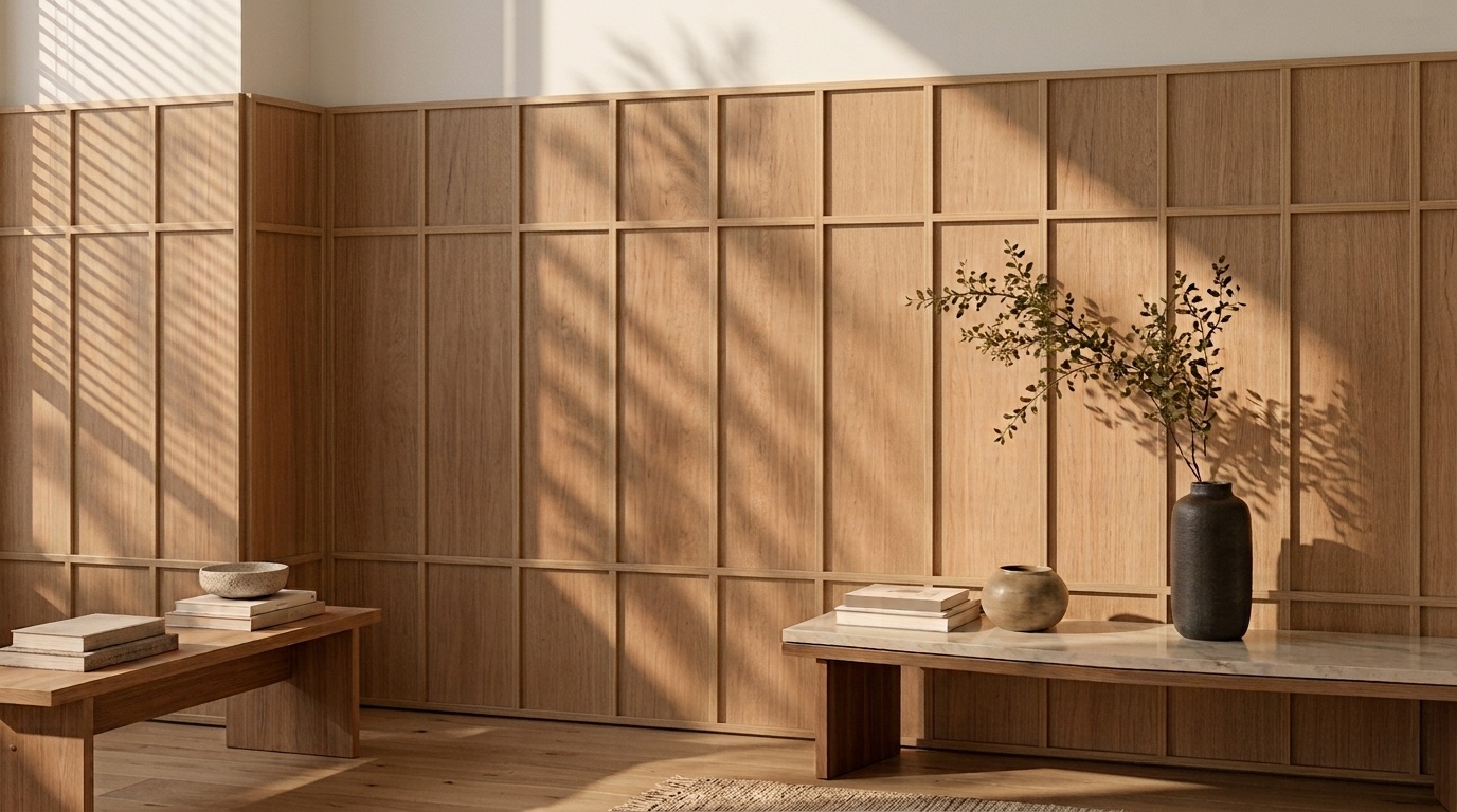 Eine halbhohe Wand aus Furnierplatten mit aufgesetzten Holzleisten bildet ein gleichmäßiges Raster im warmen Sonnenlicht.