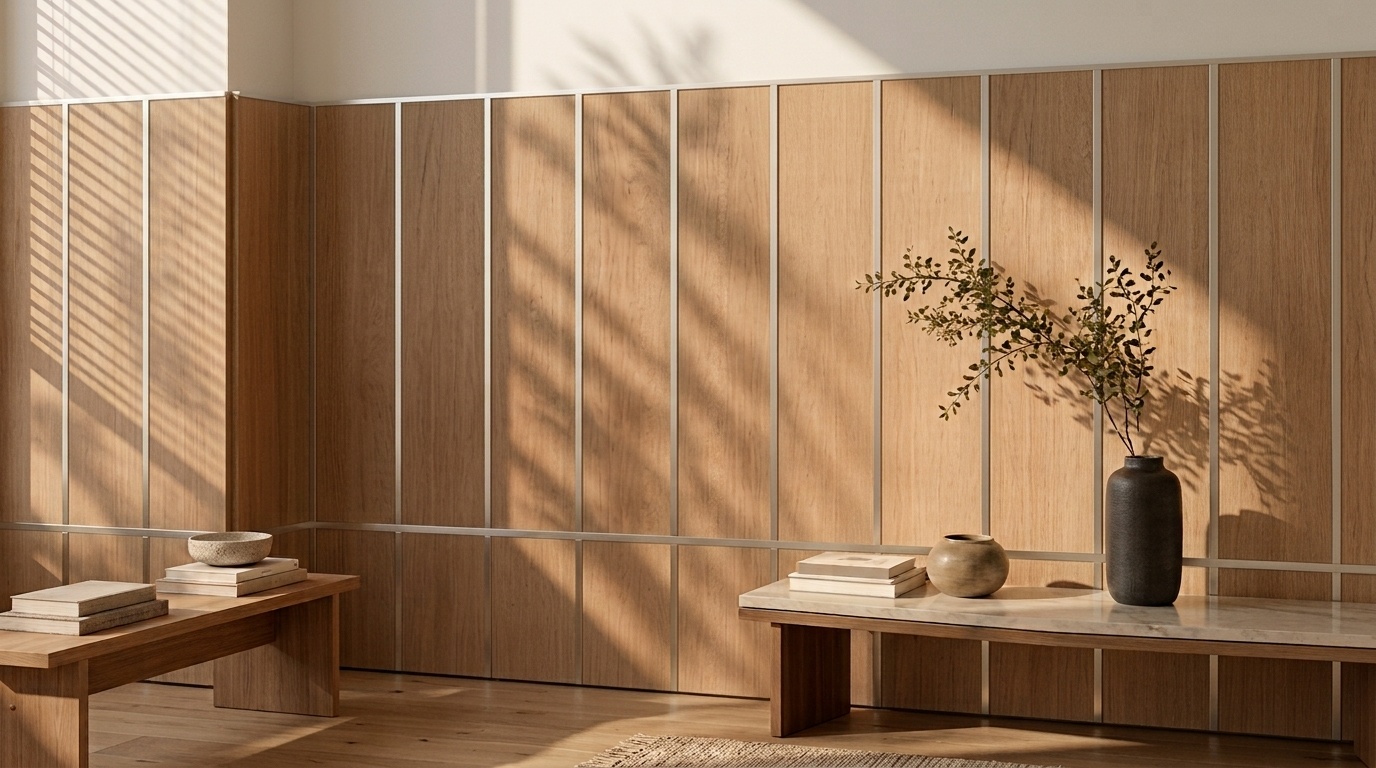 Eine halbhohe Wand aus Furnierplatten mit schmalen Metallleisten zwischen den Platten wird von warmem Sonnenlicht beleuchtet.