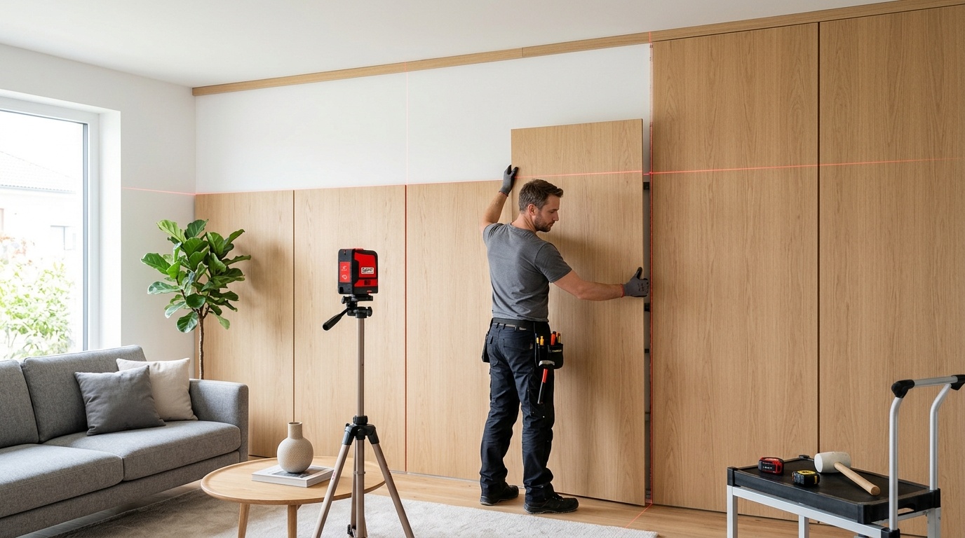 Ein Handwerker montiert eine Furnierplatte an einer halbhohen Wand und richtet sie mit einem Kreuzlinienlaser aus.