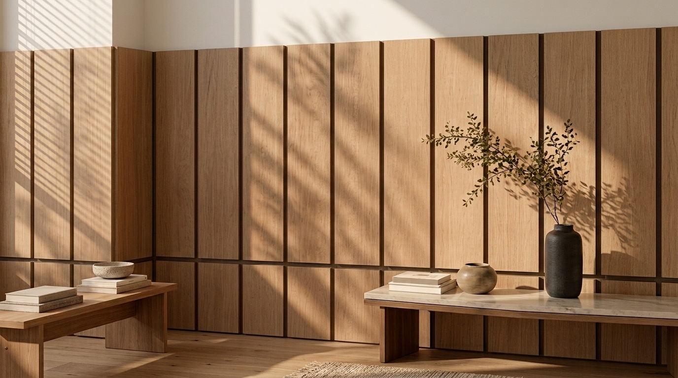 Eine halbhohe Wand aus Furnierplatten mit markanten Schattenfugen wird von warmem Sonnenlicht beleuchtet.