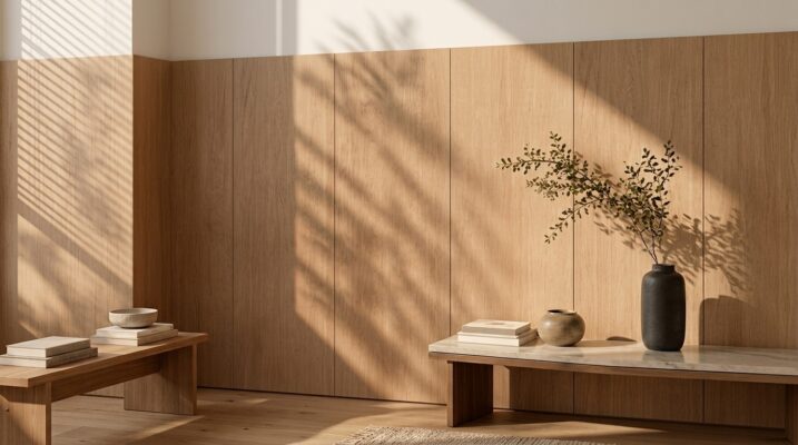 Eine halbhohe Wand aus Furnierplatten mit schmalen Stoßfugen wird von warmem Sonnenlicht beleuchtet.