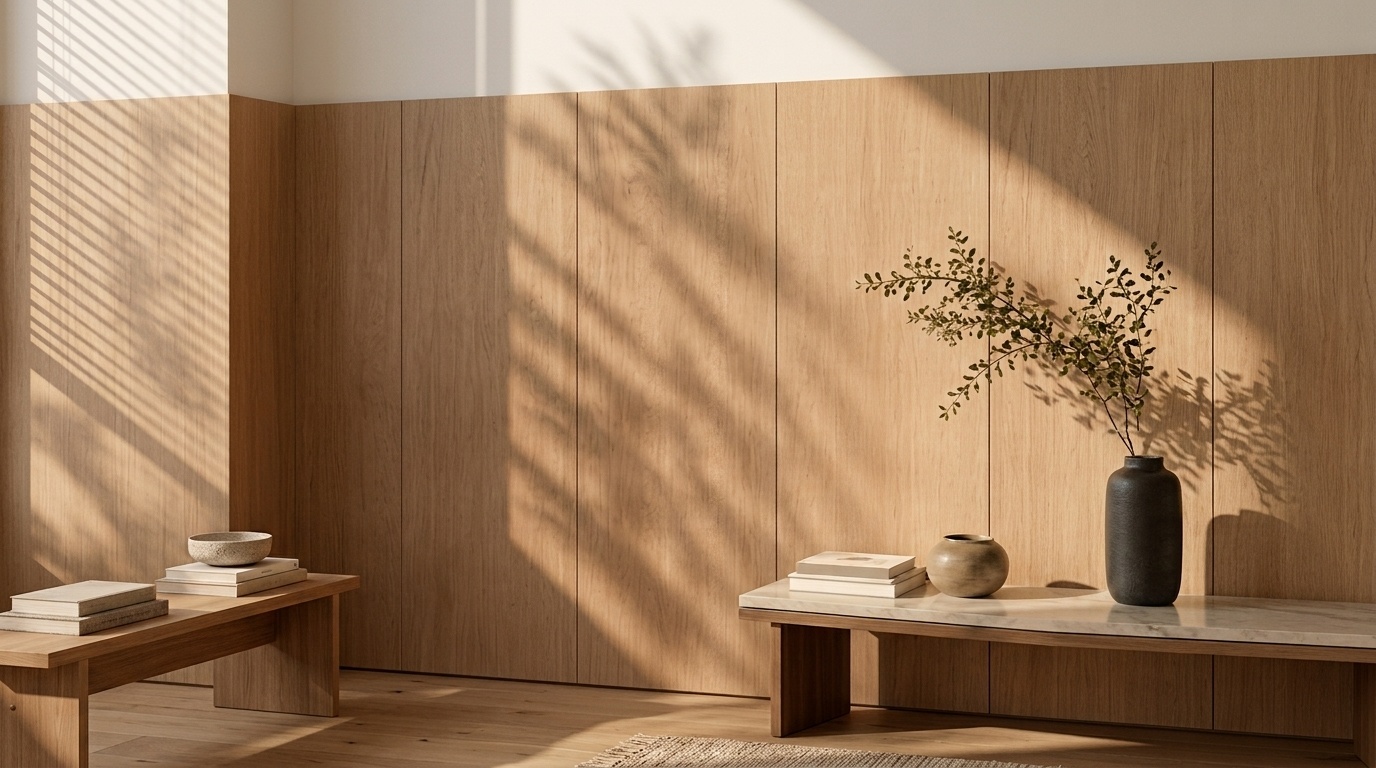 Eine halbhohe Wand aus Furnierplatten mit schmalen Stoßfugen wird von warmem Sonnenlicht beleuchtet.