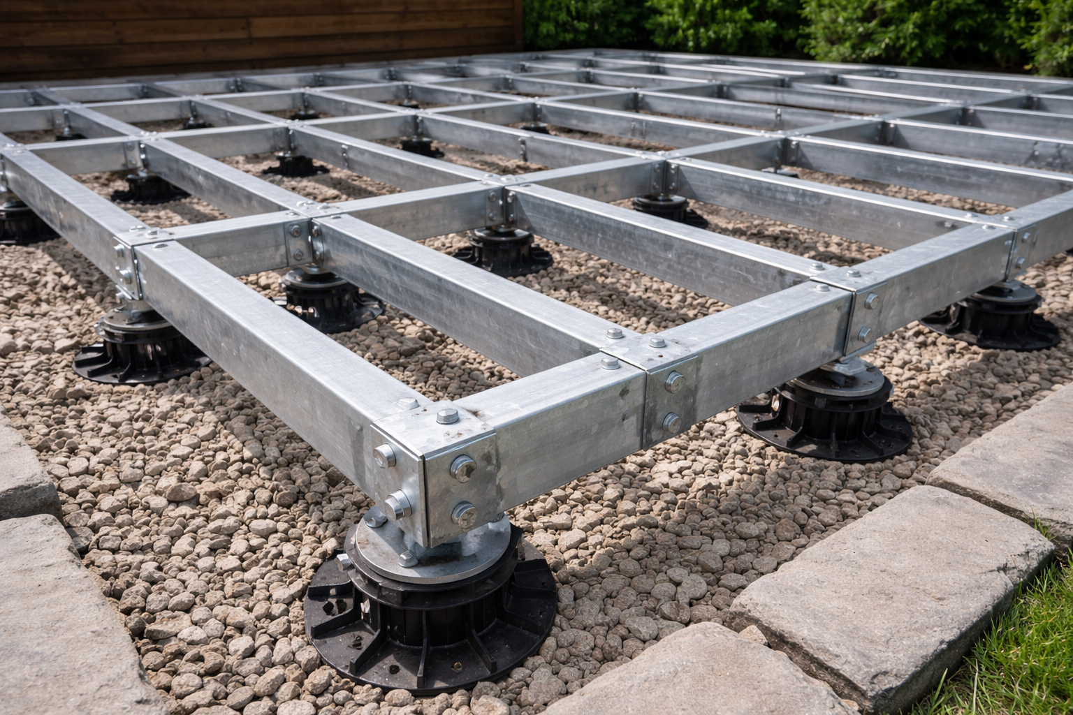 Eine Unterkonstruktion aus verzinktem Quadratrohr bildet eine stabile Basis für Terrassen oder Aufbauten.