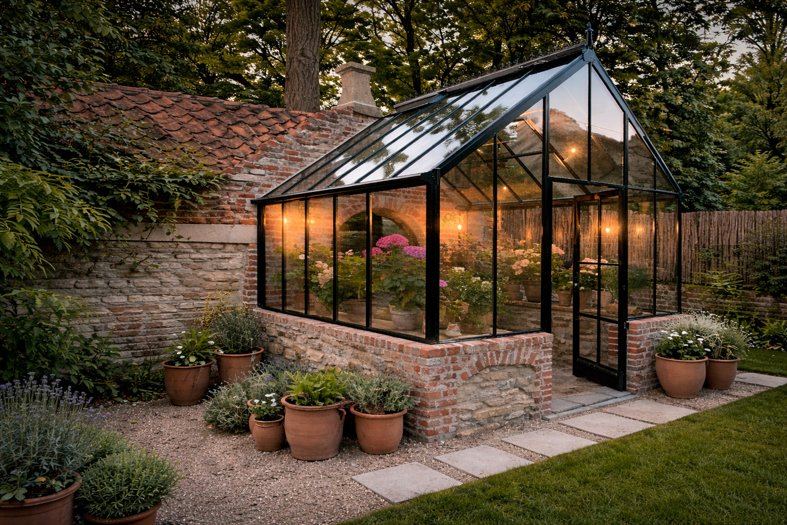 Ein stilvolles Gewächshaus mit schwarzem Metallrahmen und Glasflächen fügt sich harmonisch in eine natürliche Gartenlandschaft ein.