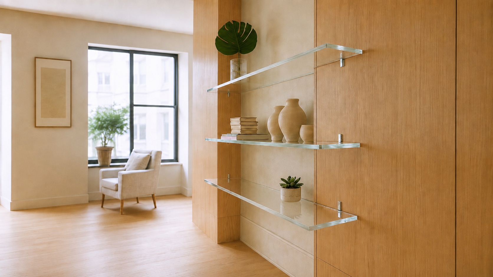 Wandregale aus klarem Acrylglas mit Dekoration in modernem Wohnzimmer.