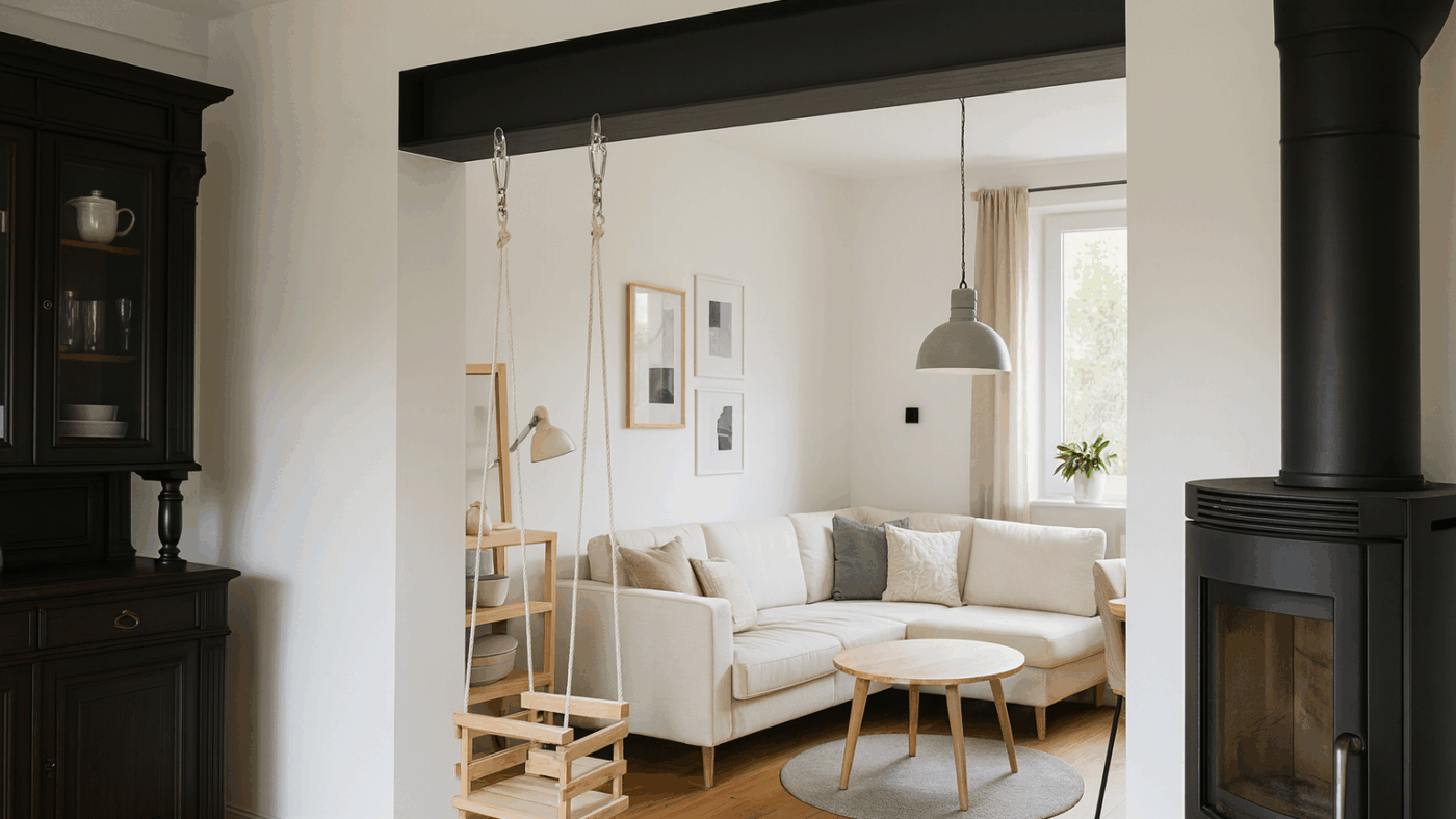 Ein schwarzer HEA Träger spannt offen zwischen Wohnraum und Kamin.