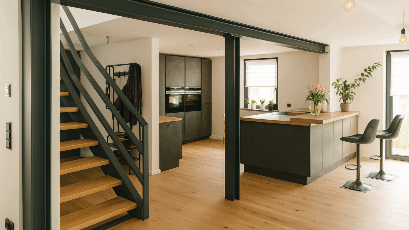 Ein schwarzer HEB-Träger strukturiert den offenen Wohn- und Küchenbereich mit Treppe.