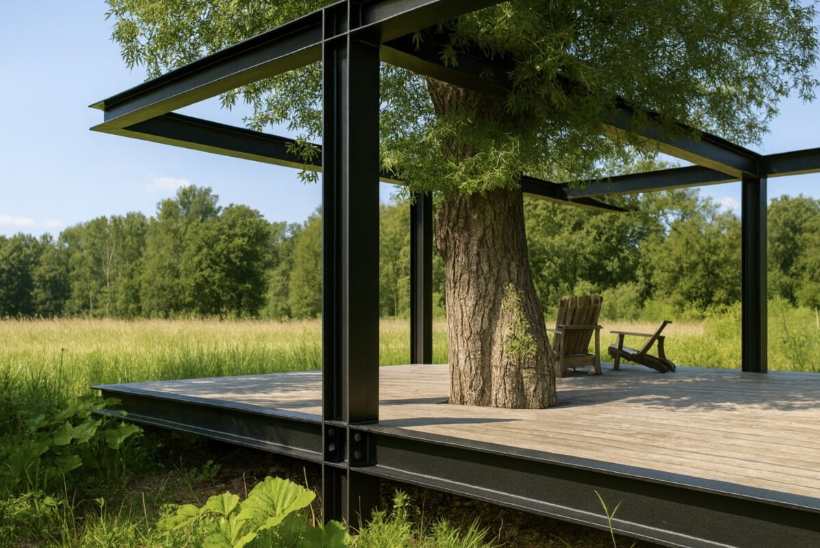 Ein Pavillon aus schwarzen HEA-Trägern steht mit Baumdurchbruch auf einem Holzdeck in der Landschaft.