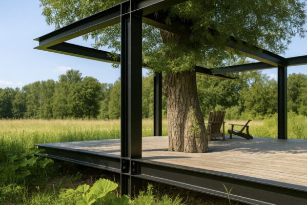 Ein Pavillon aus schwarzen HEA-Trägern steht mit Baumdurchbruch auf einem Holzdeck in der Landschaft.