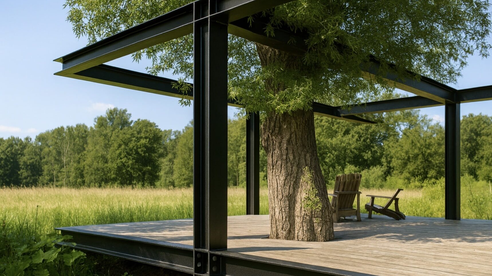 Ein Pavillon aus schwarzen HEA-Trägern steht mit Baumdurchbruch auf einem Holzdeck in der Landschaft.