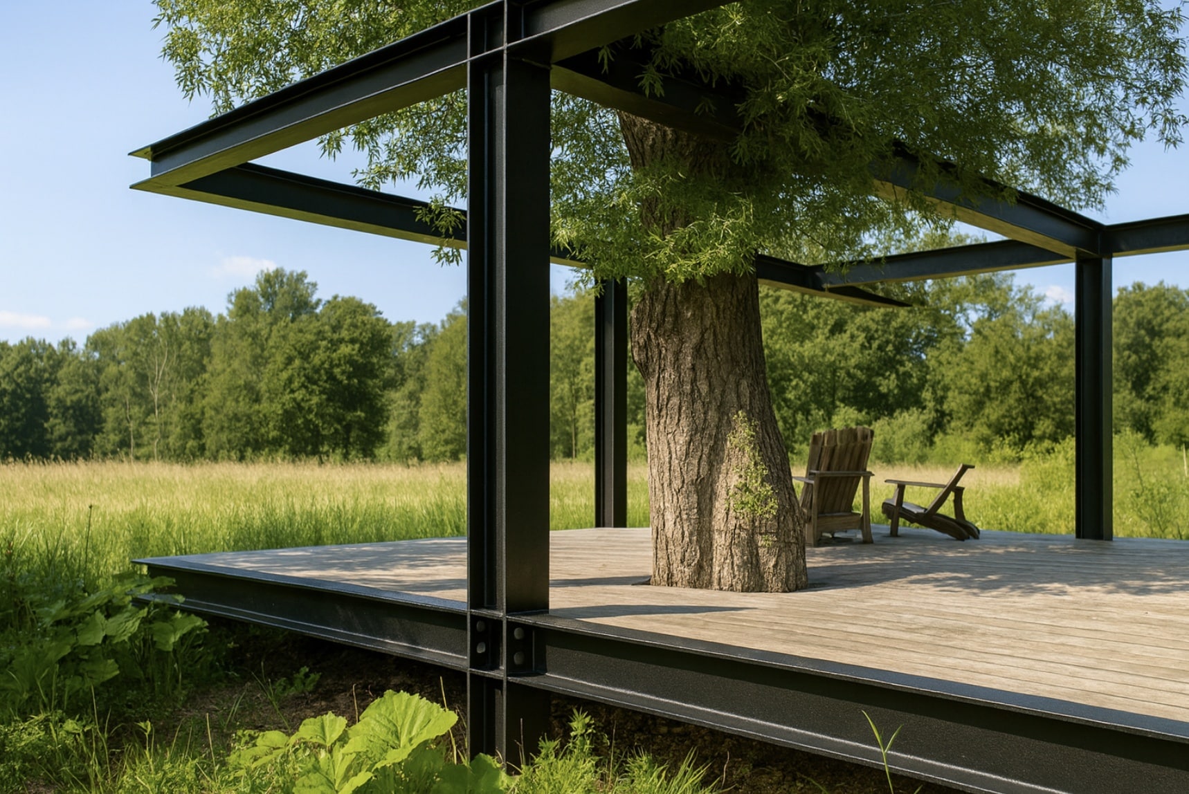 Ein Pavillon aus schwarzen HEA-Trägern steht mit Baumdurchbruch auf einem Holzdeck in der Landschaft.