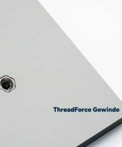 Nahaufnahme einer HPL-Platte mit Edelstahl-Gewinde.