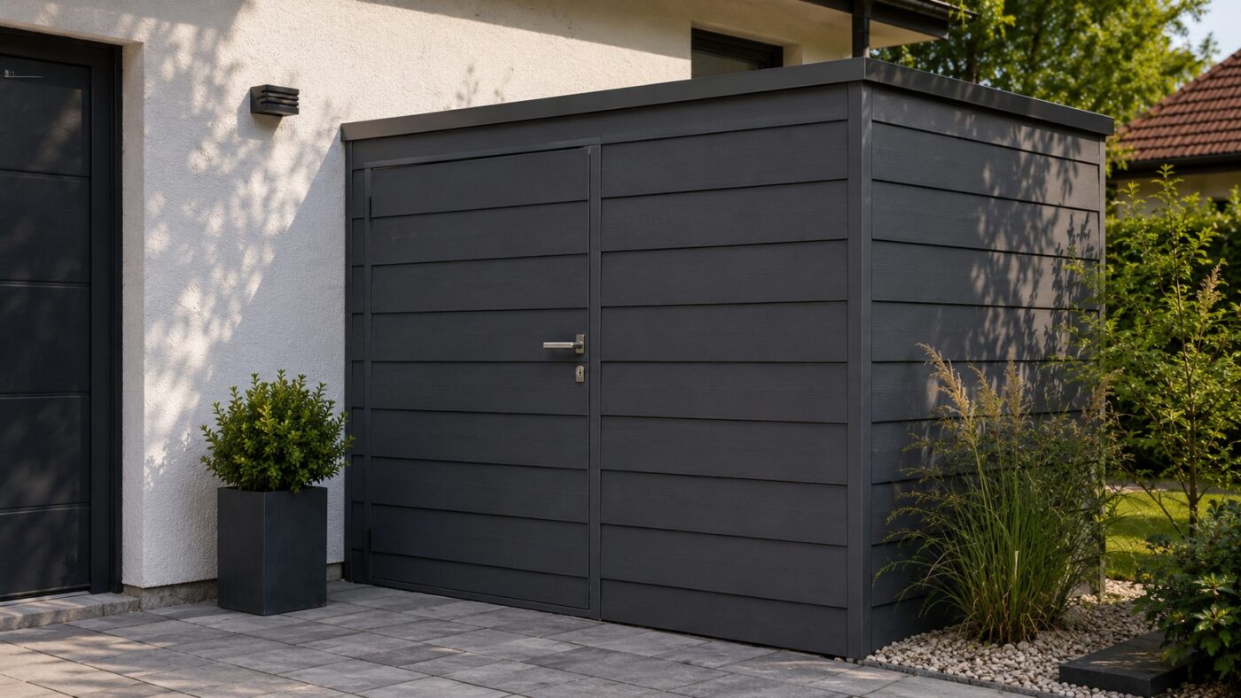 Ein Gartenschuppen ist mit dunklen HPL-Fassadenplatten verkleidet.