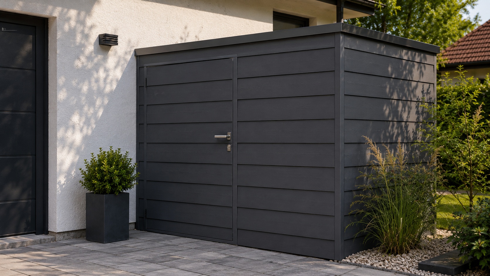 Ein Gartenschuppen ist mit dunklen HPL-Fassadenplatten verkleidet.