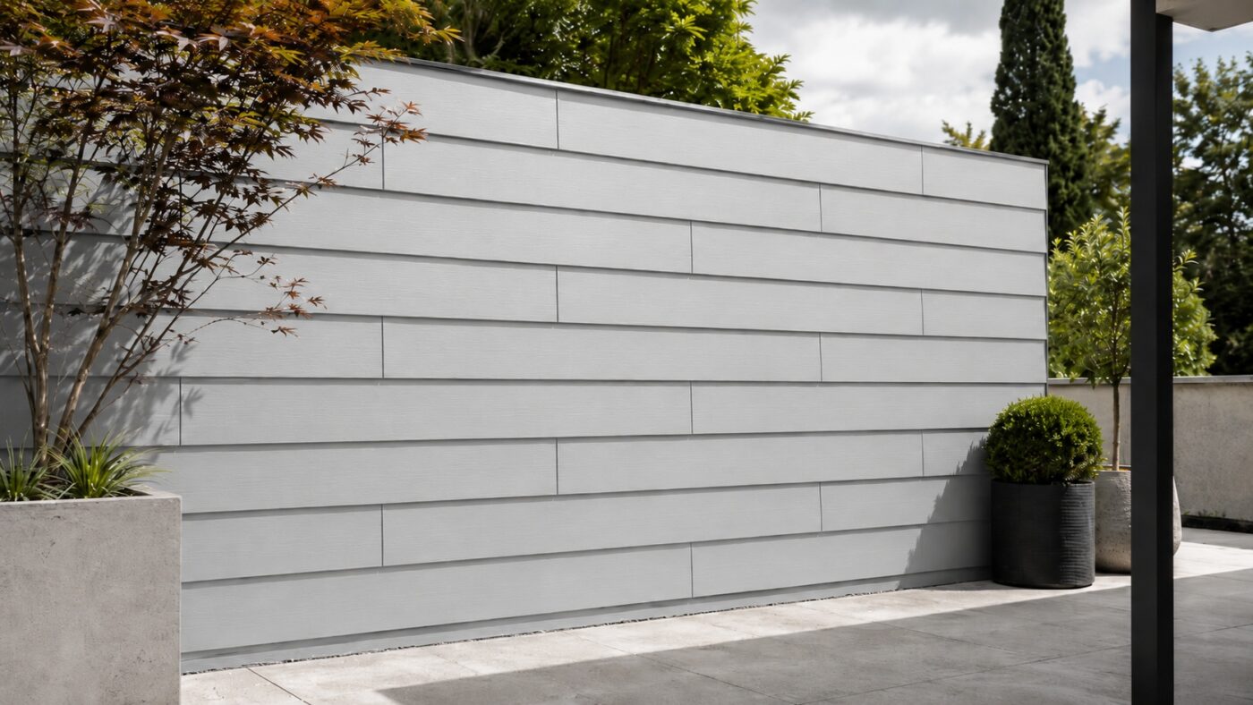 Eine helle HPL-Fassade grenzt eine moderne Terrasse sauber ab.