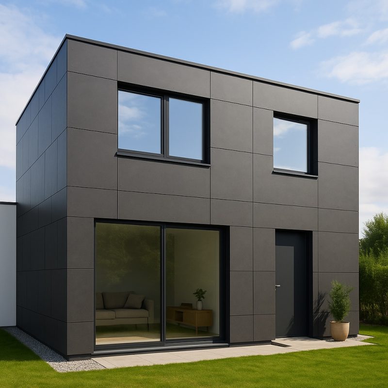 Fassade mit HPL-Platten in Dunkelgrau