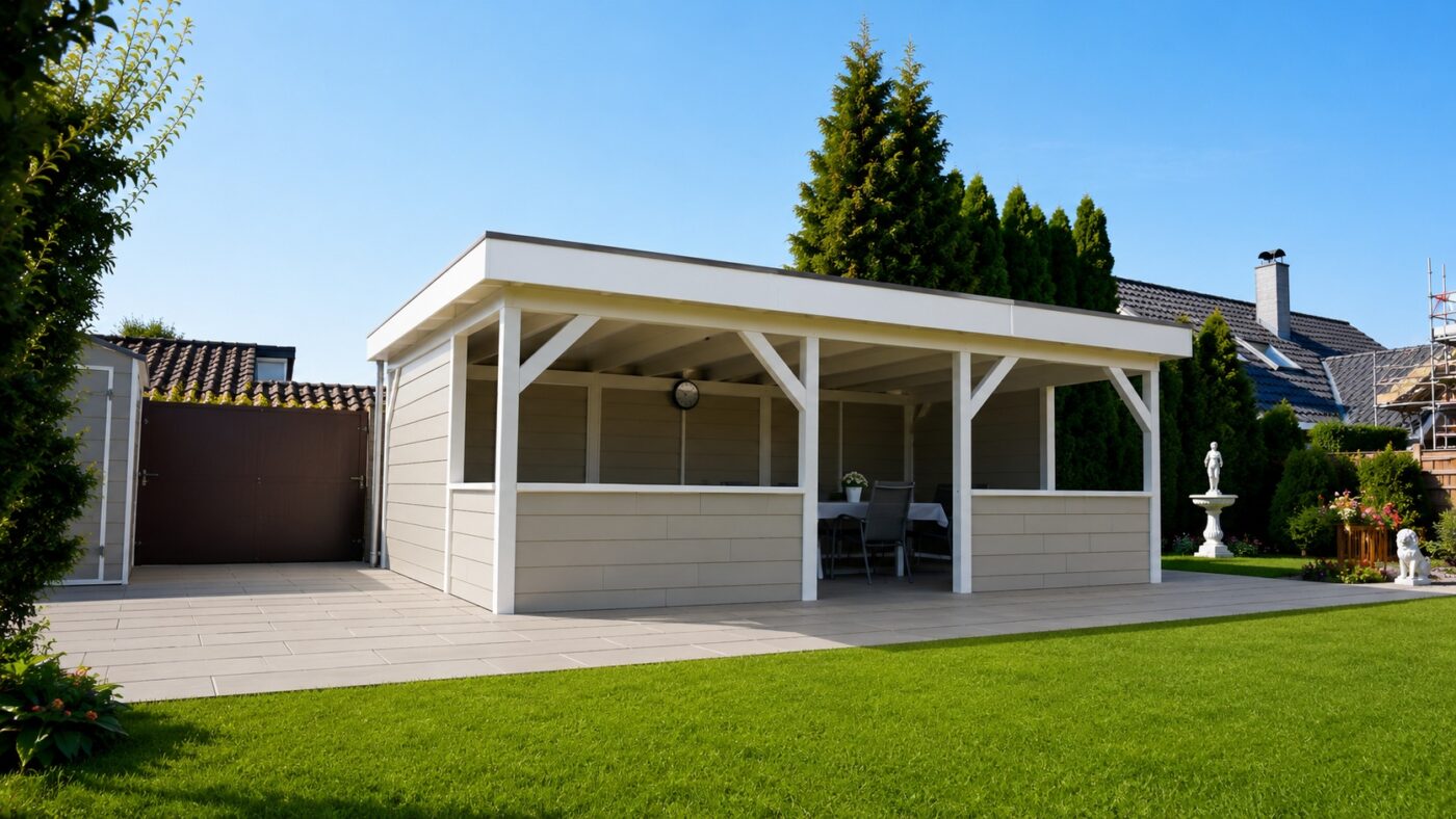 Ein Gartenhaus mit einer silbergrauen HPL-Stülpschalung steht in einem gepflegten Garten.