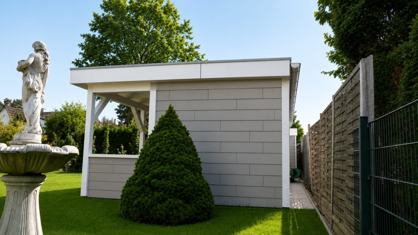 Ein modernes Gartenhaus ist mit einer silbergrauen HPL-Stülpschalung und einer Holzterrasse gestaltet.