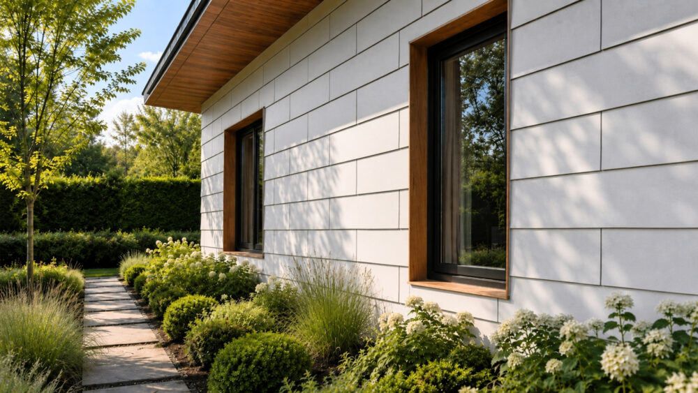 Fassadenverkleidung an einem modernen Gartenhaus aus HPL