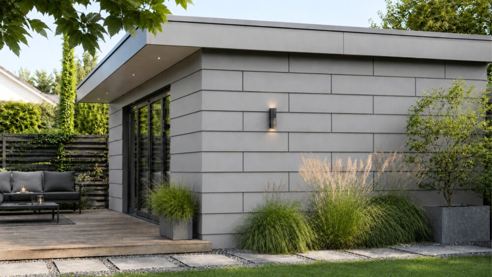 Stülpschalung an einem modernen Gartenhaus aus HPL