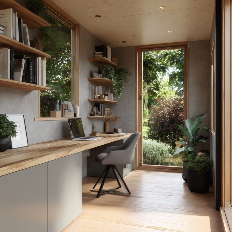 Gartenbüro mit HPL-Möbeln in Silbergrau und Eiche.