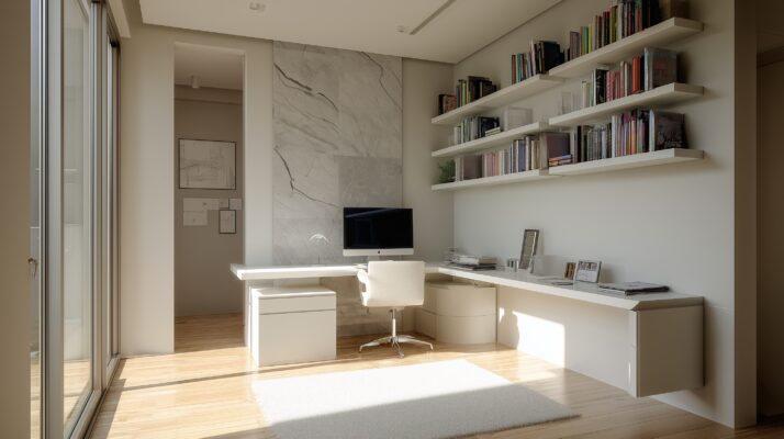 Modularer Arbeitsplatz mit weißem HPL-Schreibtisch und Regal in Granitoptik.