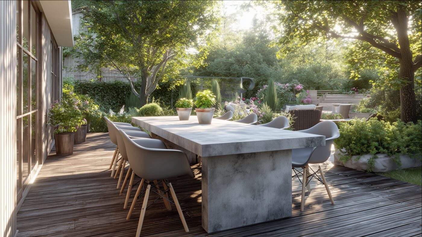 Outdoor-Esstisch aus HPL in Betonoptik auf Terrasse.