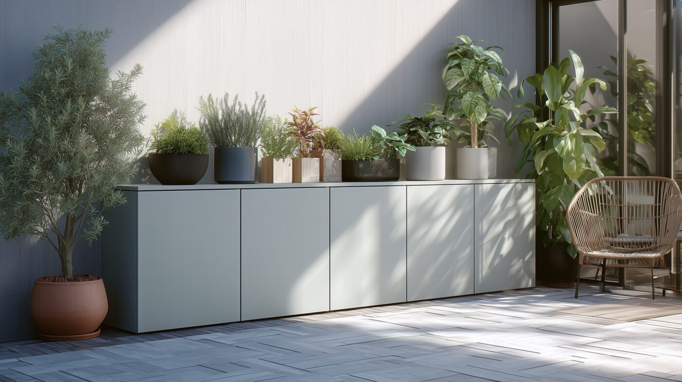 Gartenschrank aus HPL in Silbergrau.