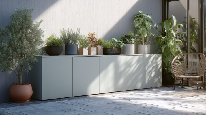 Gartenschrank aus HPL in Silbergrau.