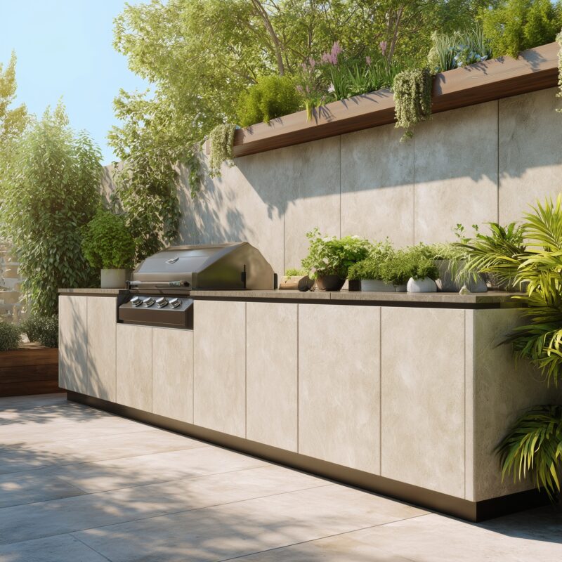 Outdoor-Küchenmodul aus HPL in Granitoptik mit Grill.