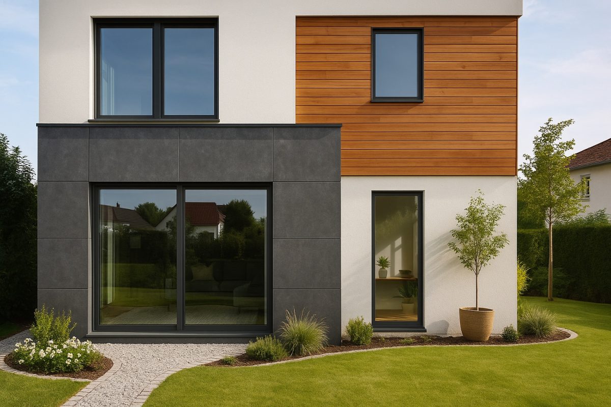 HPL-Fassade im Materialmix – moderne Kontraste aus Stein- und Holzoptik