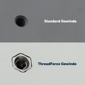 Vergleich von Standardgewinde und ThreadForce Edelstahlgewinde in HPL-Platten.