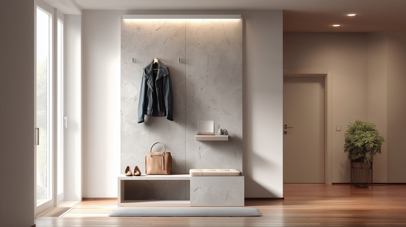 HPL-Garderobenpanel in Betonoptik mit LED-Akzenten.
