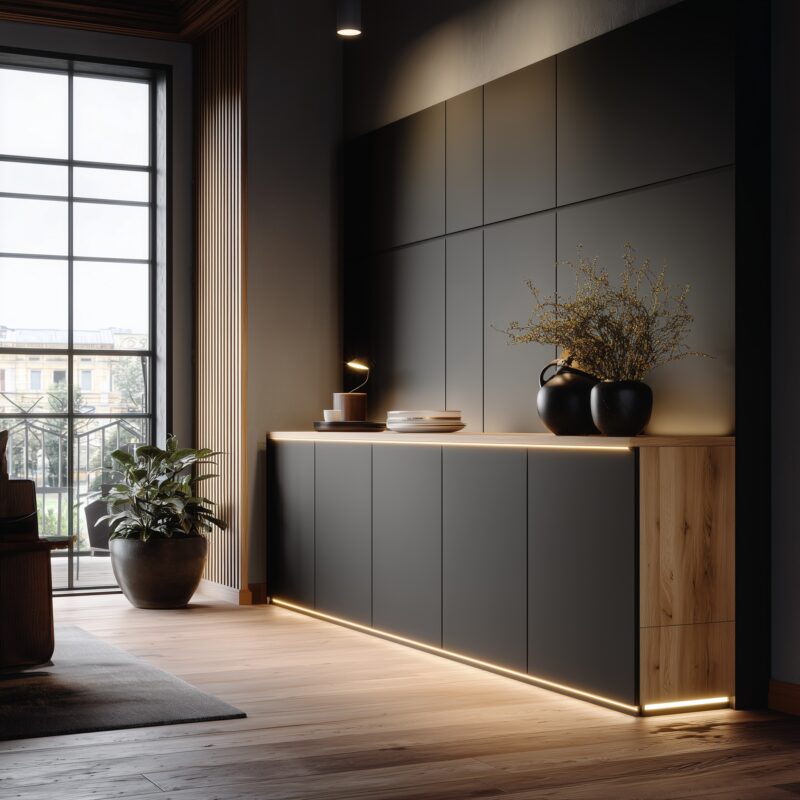HPL-Sideboard mit LED-Fronten in Anthrazit.