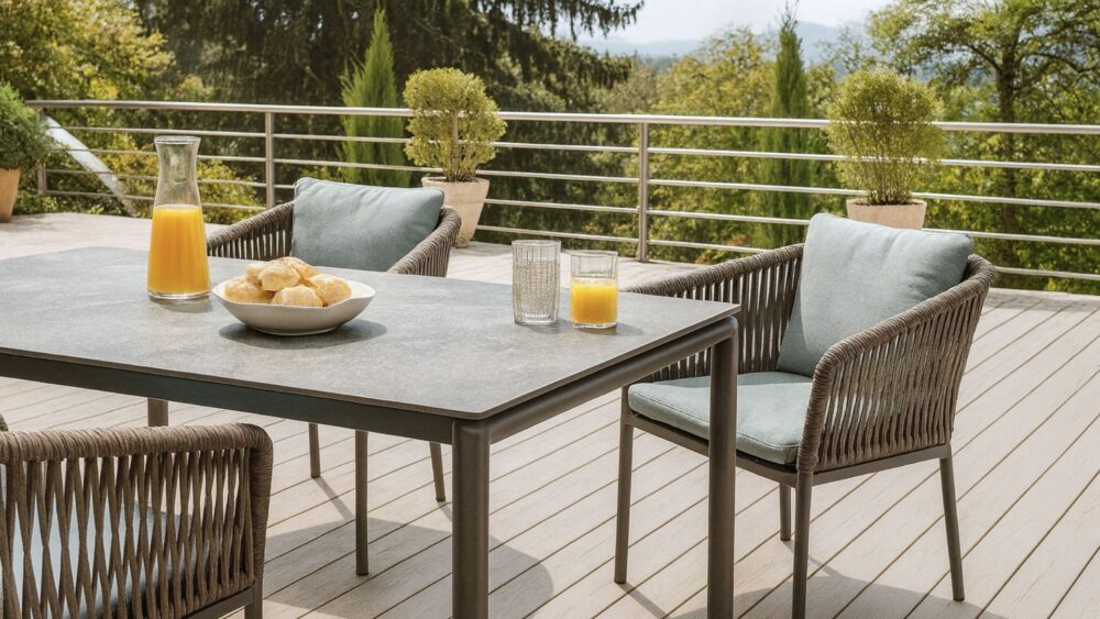 Moderner Tisch mit HPL-Platte und Metallgestell.
