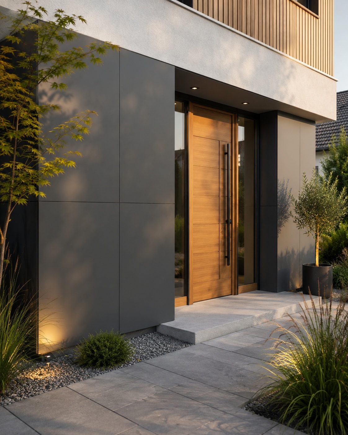 Eine moderne HPL-Fassade rahmt einen hellen Hauseingang mit Holzdetails und trockenem Ziergarten.