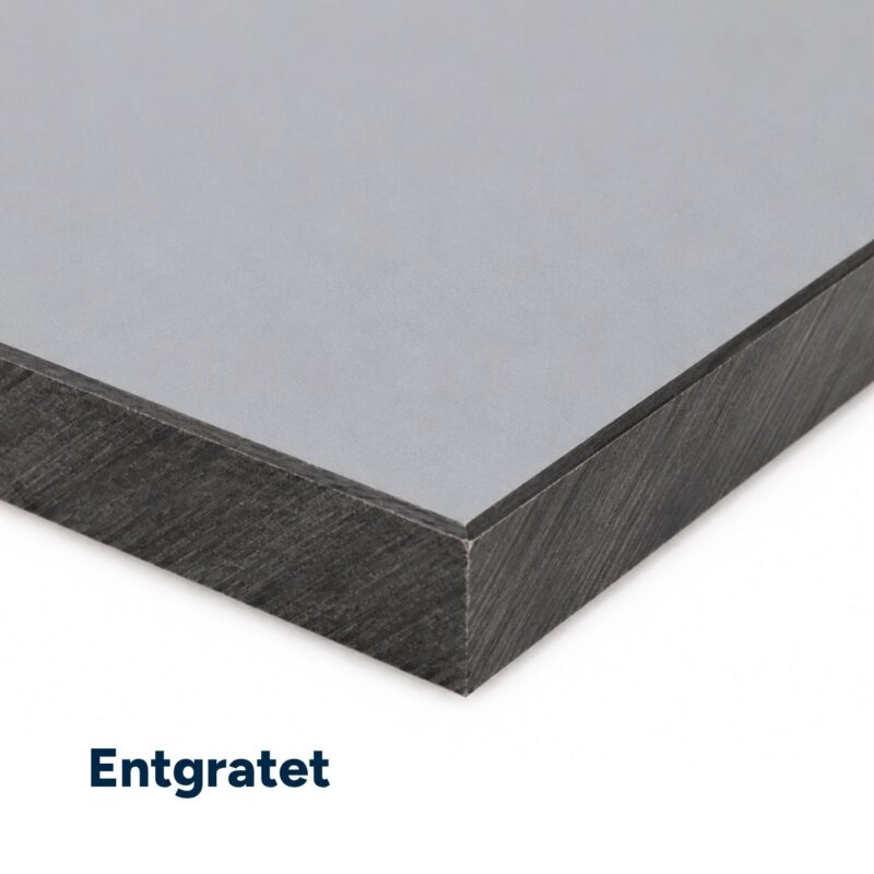 Eine HPL-Platte zeigt eine entgratete, gerade Kante mit rauer dunkler Schnittfläche.