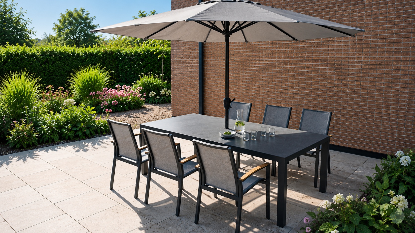 Eine dunkle HPL-Tischplatte mit einem Sonnenschirm steht auf einer sonnigen Terrasse mit Gartenmöbeln.